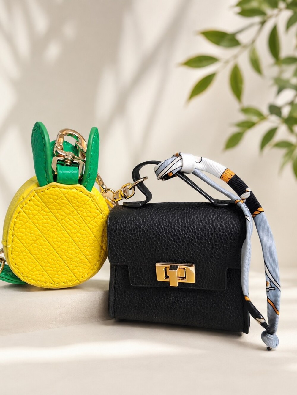 Black Mini Purse Coin Pouch Keychain + Pineapple Bag Charm Set New